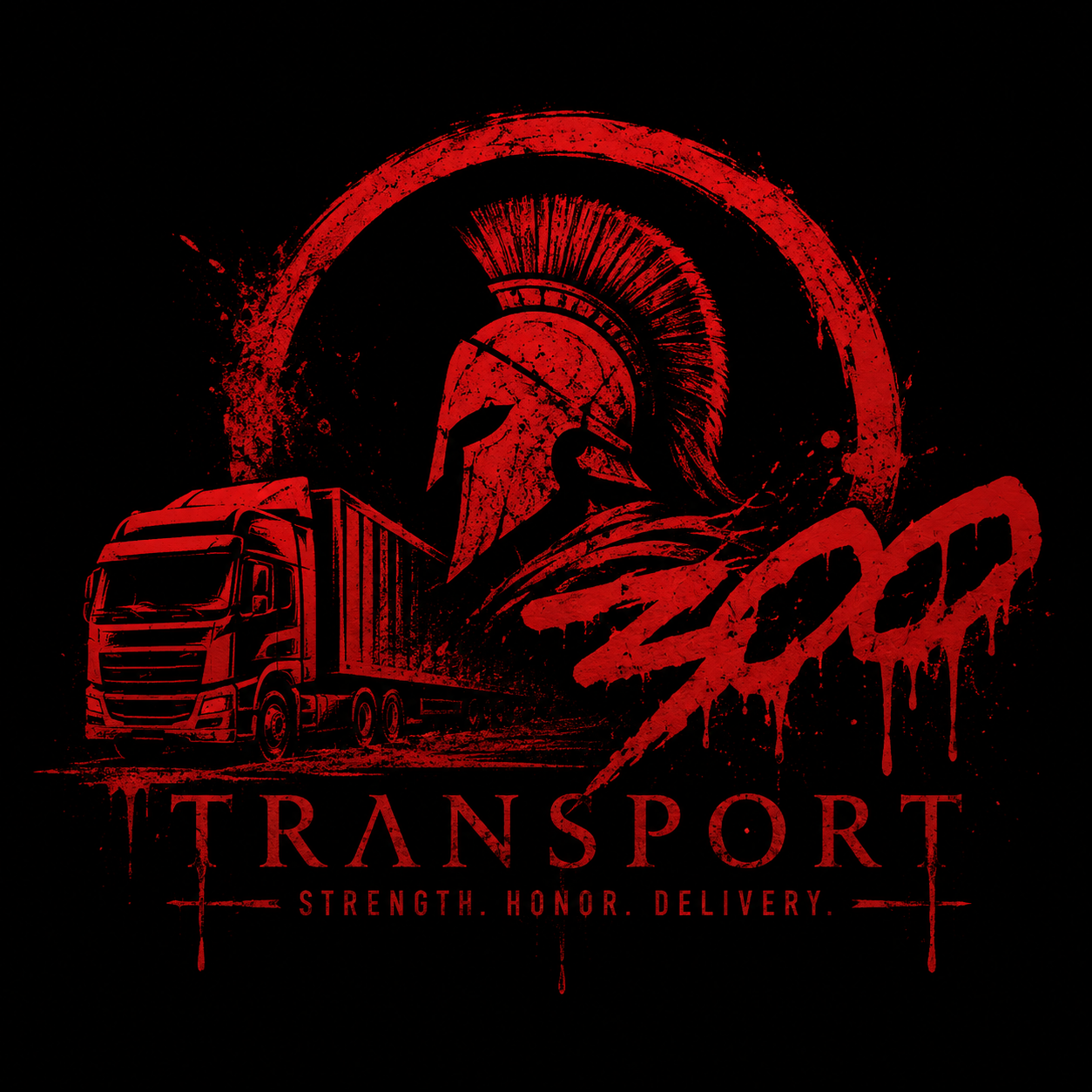 300 Transport emblem — Spartan helmet and truck, Strength. Honor. Delivery.